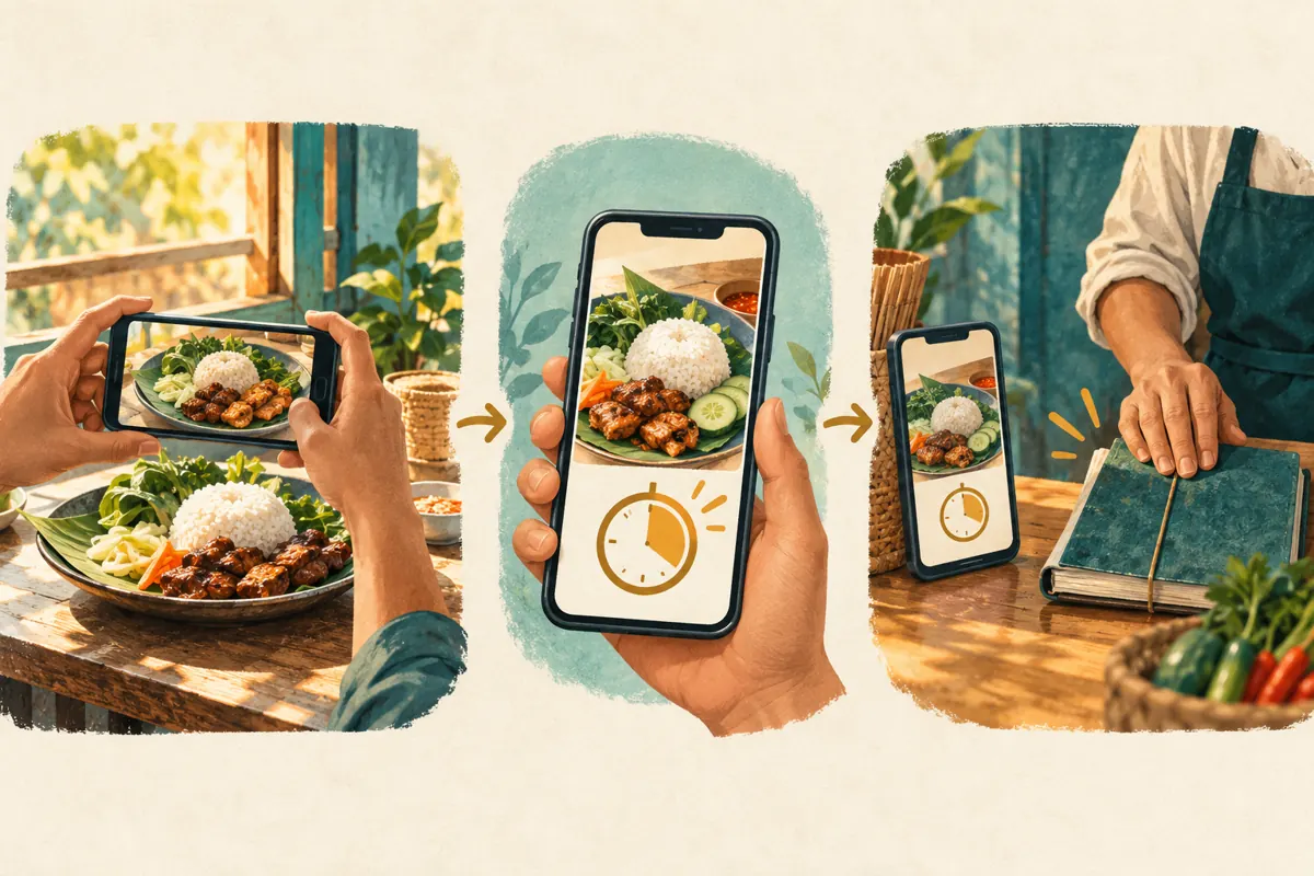 Three illustrated stages show a meal photograph, a phone with a timer symbol, and an order notebook closing while the meal remains on screen.