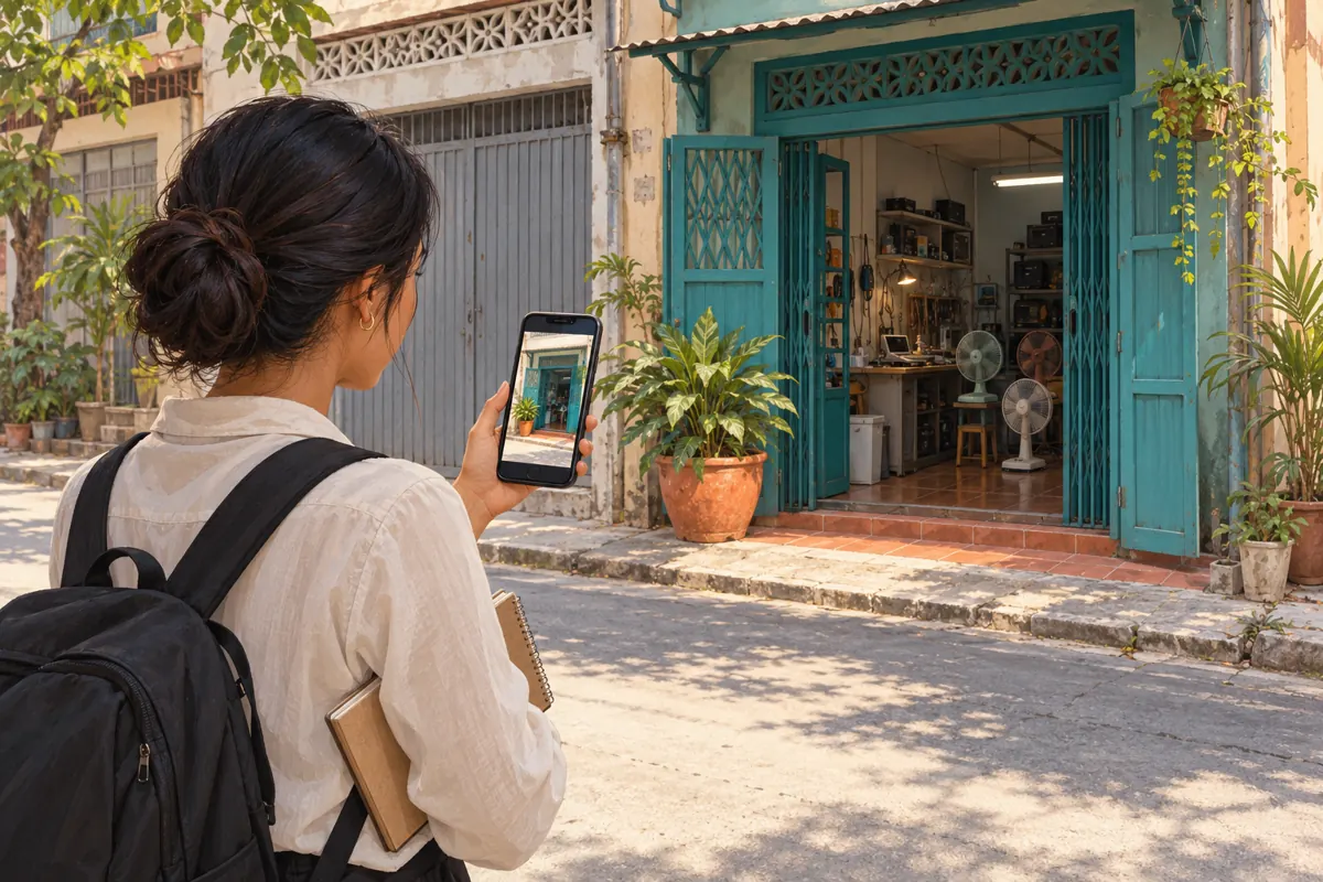 A woman compares an entrance photograph on her phone with a teal Cambodian repair-shop doorway beside a closed service gate.