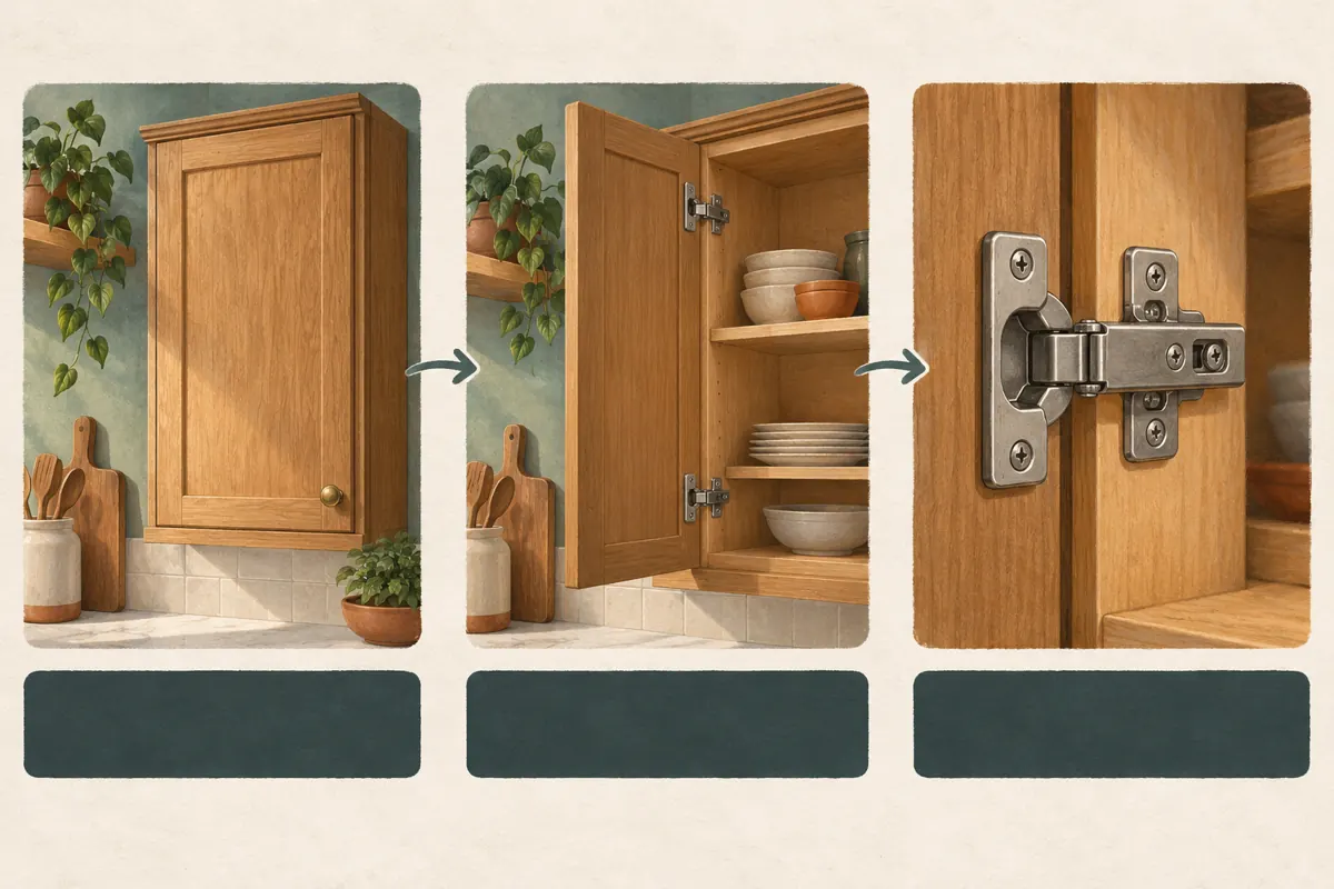 Three illustrated panels show a closed cabinet, an open door and a hinge close-up, each above a blank caption bar.