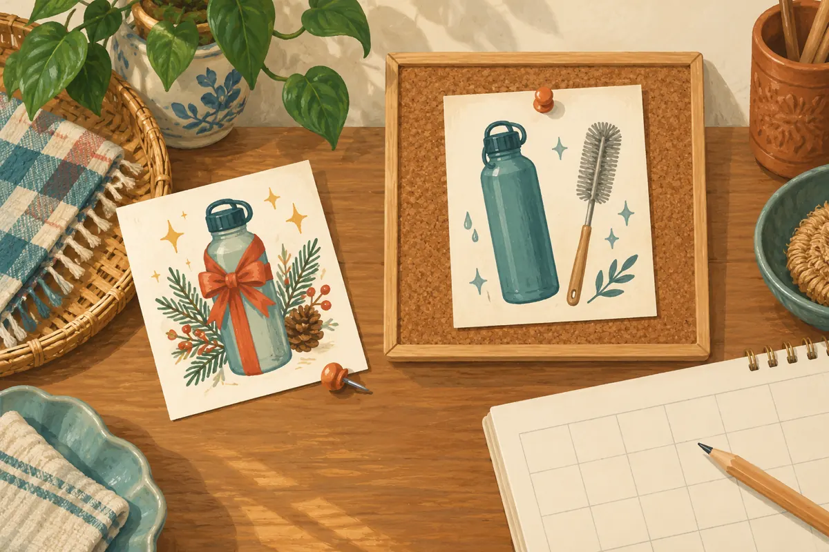 A seasonal bottle-offer card lies unpinned beside a pinned care card and a blank planning calendar.