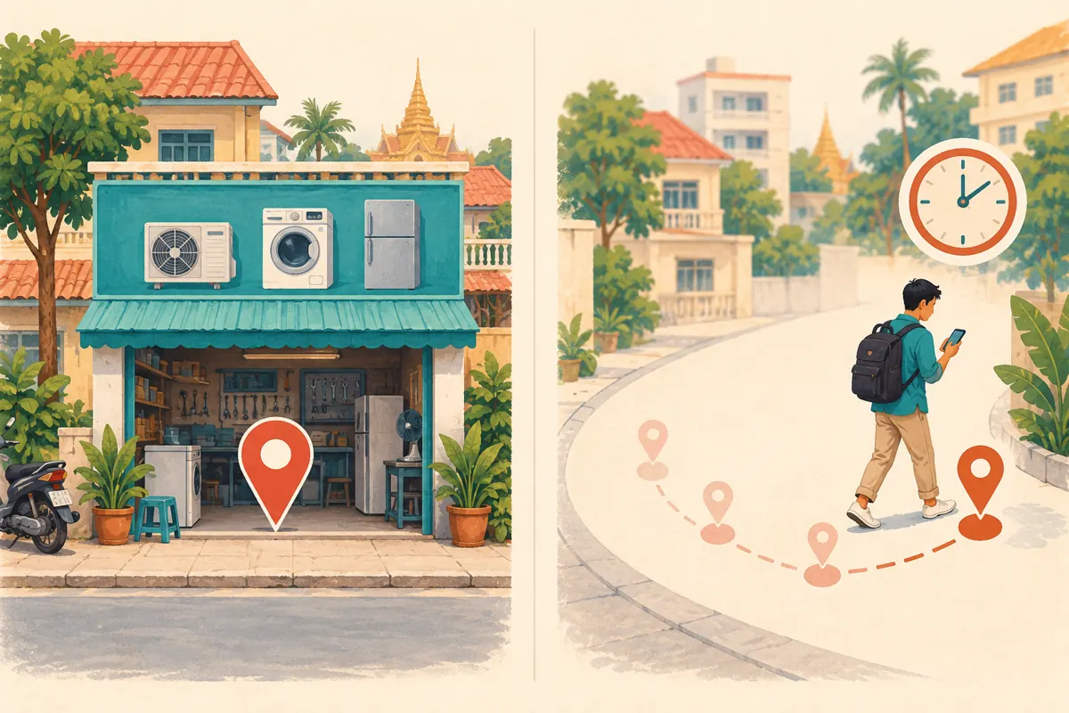 Two-panel illustration comparing a fixed map pin at a repair shop with changing location markers beside a walking person.