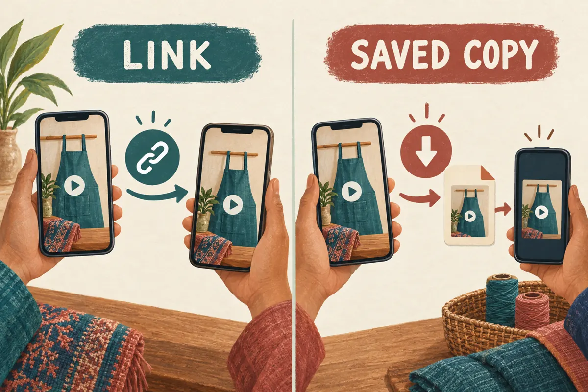 Two illustrated paths compare sharing an apron video link with keeping a separate saved video file.