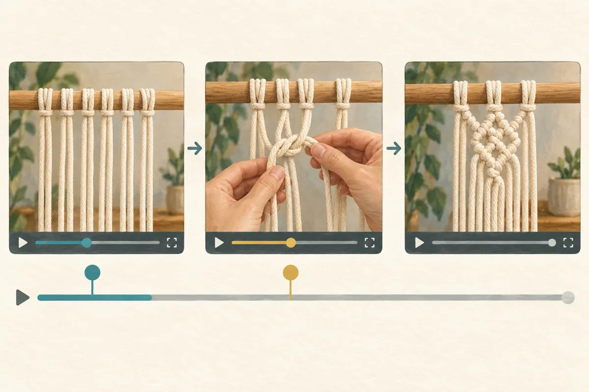 Three illustrated lesson moments show cord setup, a knot in progress and a finished sample above a timeline.