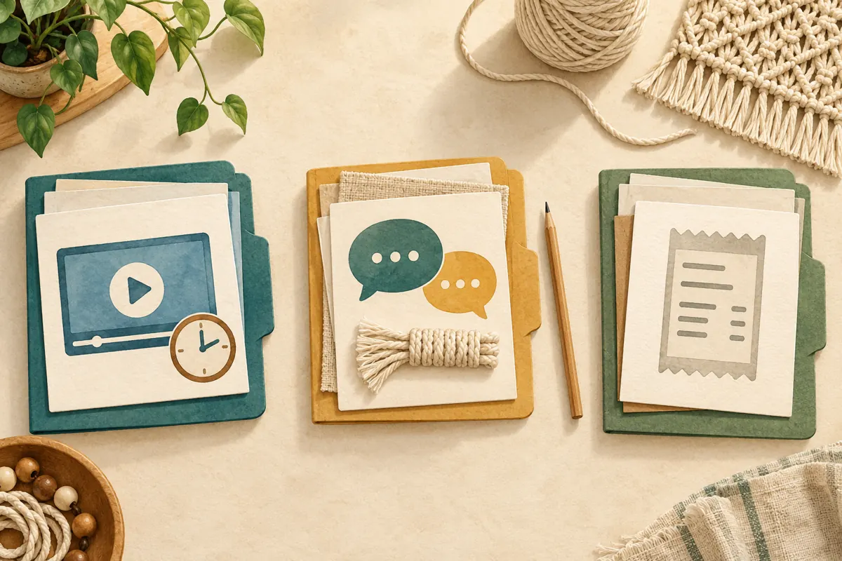 Three separate folders represent lesson references, customer conversations and service receipts.
