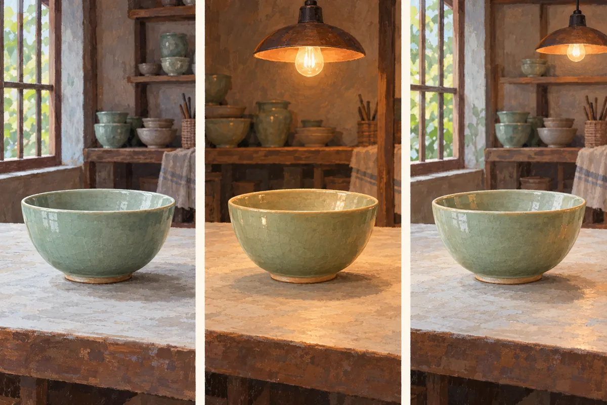 Three illustrated views of a celadon bowl under window light, warm lamp light and mixed lighting.