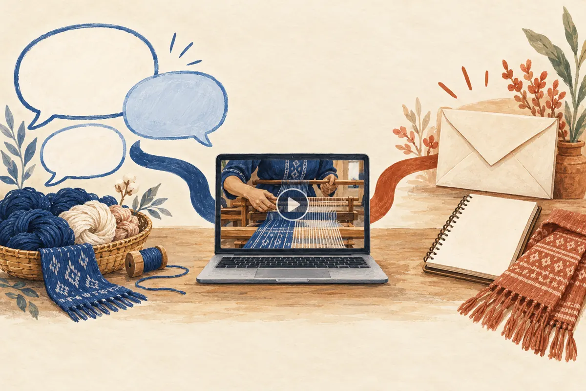Illustrated weaving video with separate paths to public conversation bubbles and a closed envelope beside an appointment notebook.