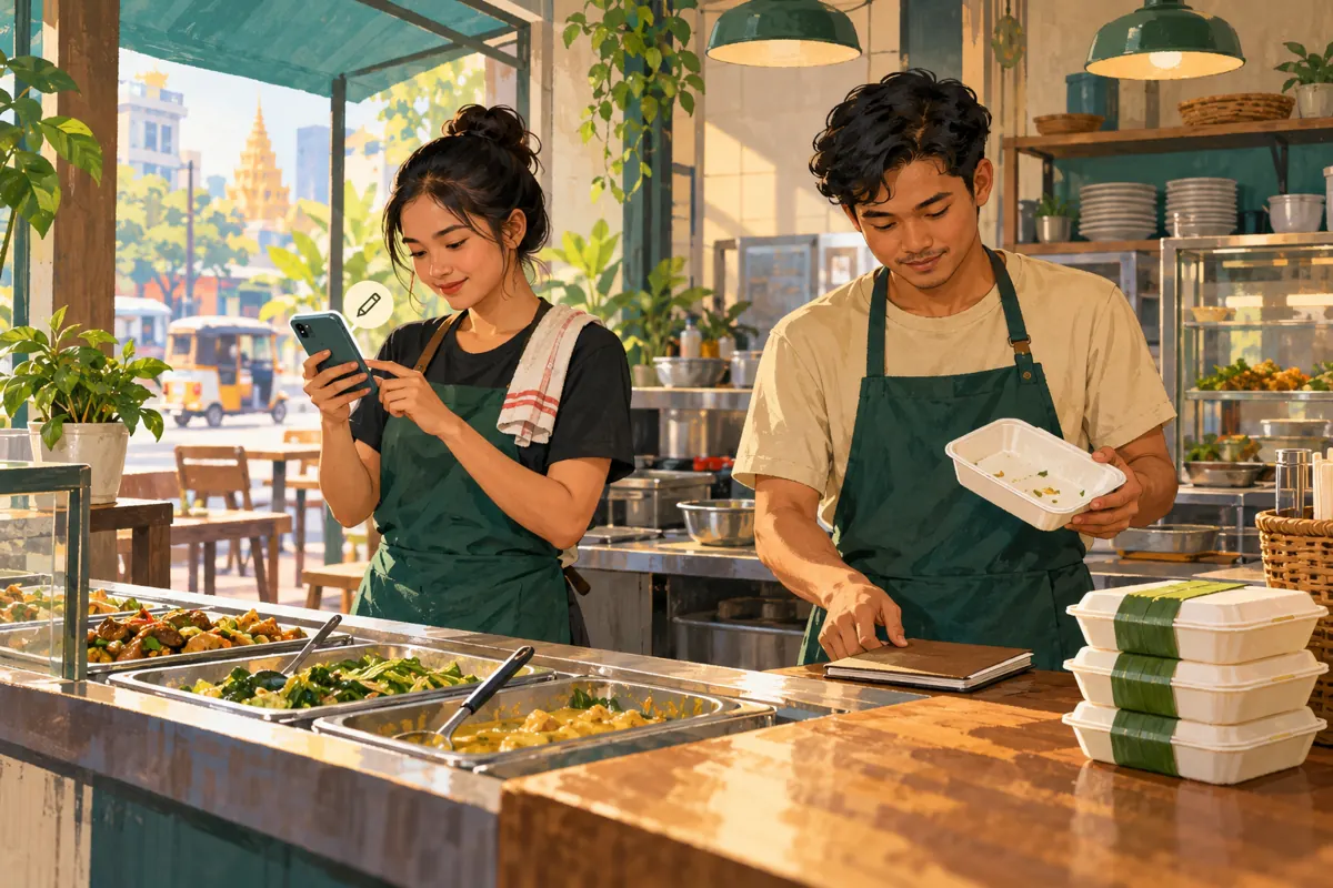 Two Cambodian food shop workers check a phone, an empty meal container and a closed order notebook beside prepared pickup boxes.