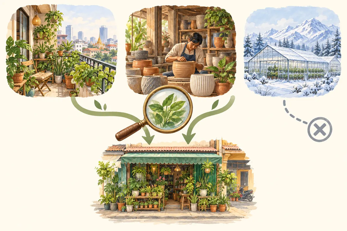 Illustrated relevance filter connecting a balcony garden and pottery workshop to a Cambodian plant shop while setting aside a snowy greenhouse.