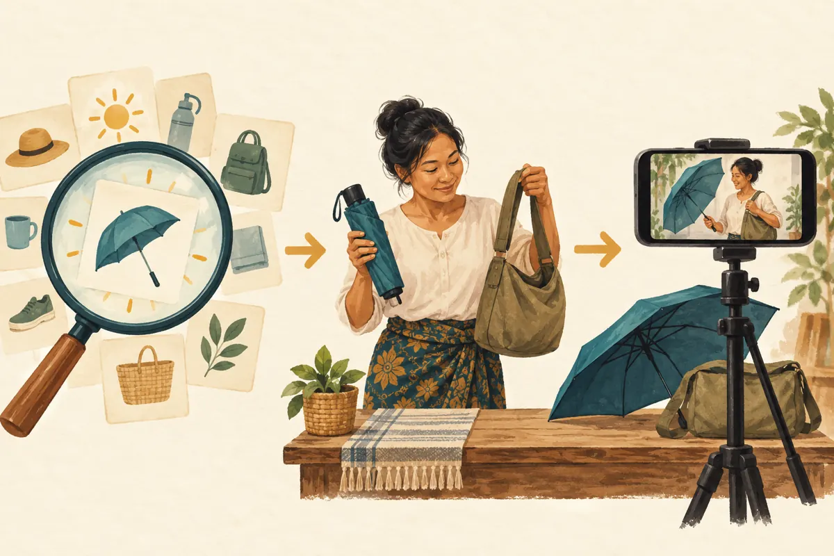 Illustrated sequence from researching an umbrella topic to comparing a product with a bag and filming a demonstration.