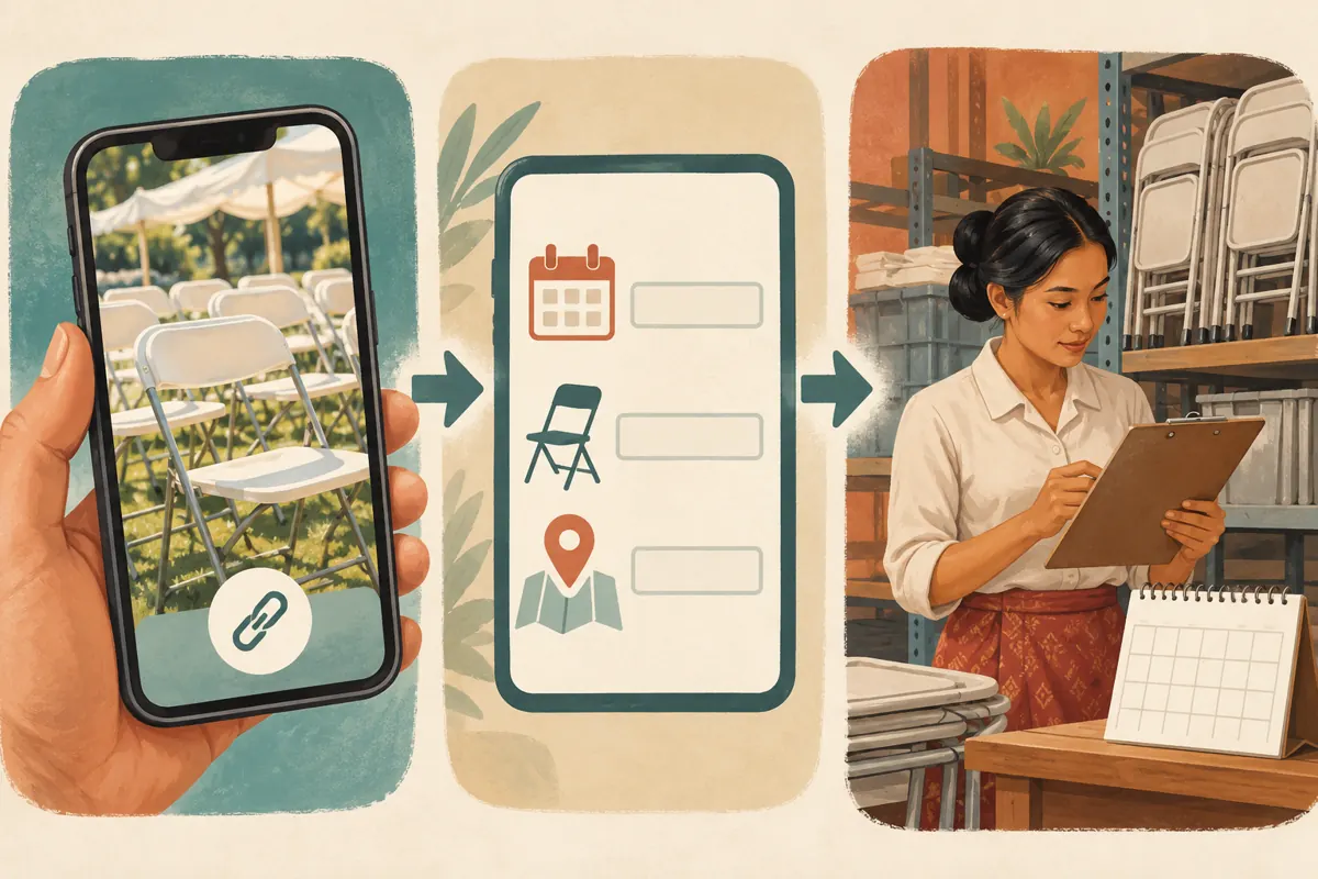 Three illustrated stages show a rental Story, a short enquiry form and a staff member checking equipment availability.