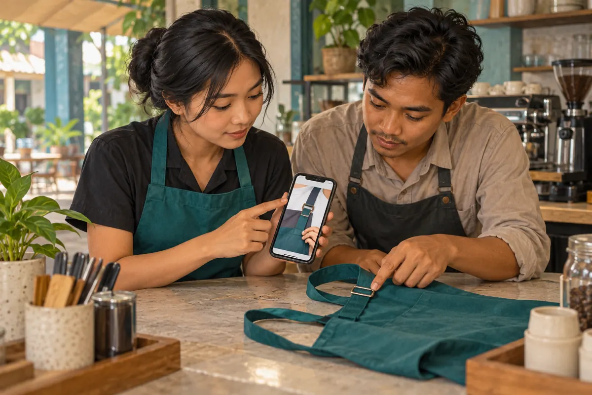 Two Cambodian café colleagues compare a phone demonstration with the buckle on a real apron.